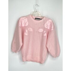 Bramble Lane Women 90's M Pullover‎ Pink Satin Rose Applique Pearl Knit